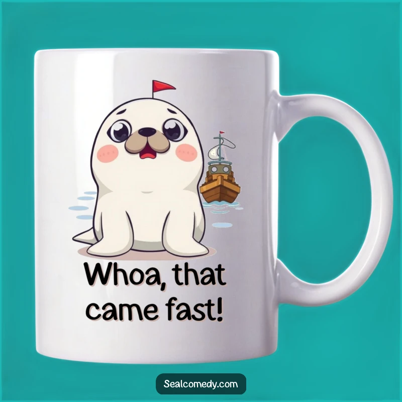 Funny Surprised Seal Mug: Wide-eyed Reaction to Boat, Perfect Gift for Seal Lovers