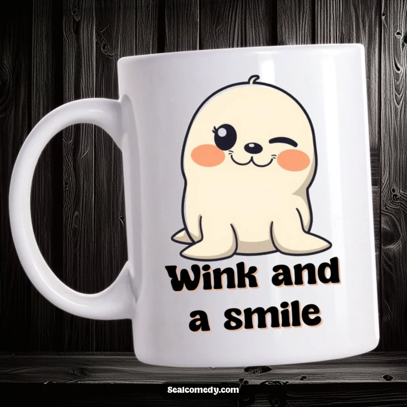 Funny mug featuring a seal winking slyly with a mischievous, knowing grin.