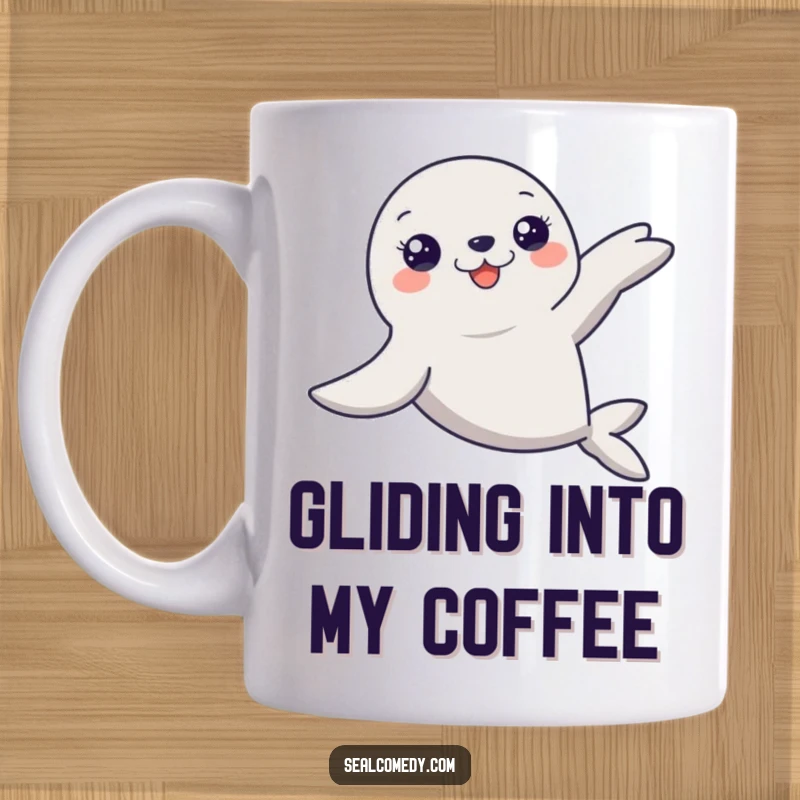 Funny Seal Mug: A graceful seal glides through water with flippers extended. Elegant and humorous, a great funny gift for ocean lovers.