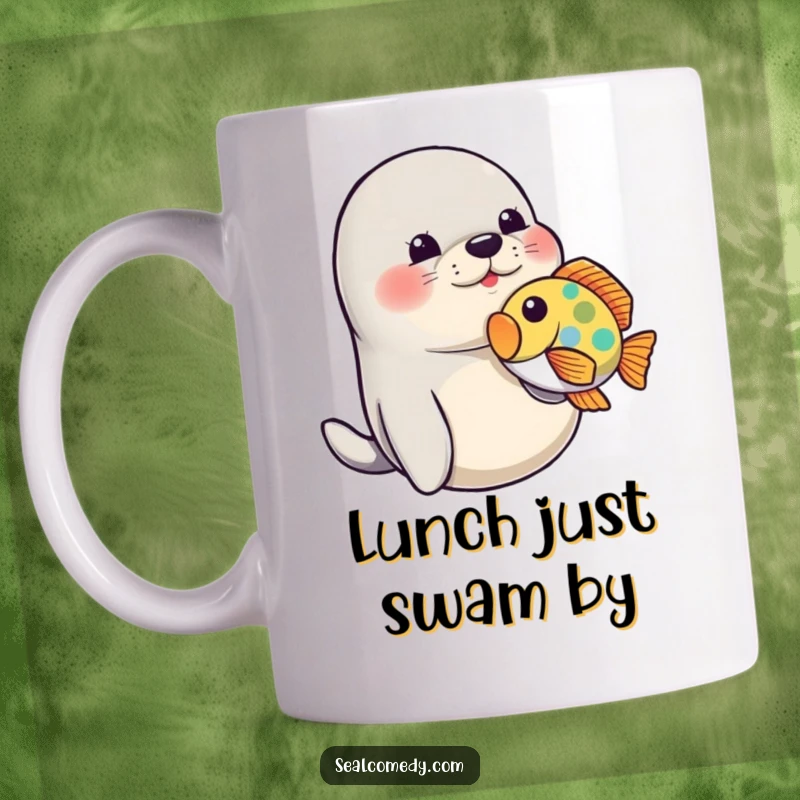Funny Seal Mug: A playful seal nudges a colorful fish with its snout in a humorous underwater scene.
