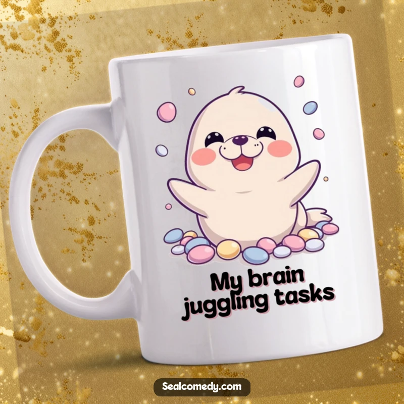 Funny seal mug with a wide grin, expertly juggling shiny pebbles, radiating pure, unadulterated joy and playful chaos.
