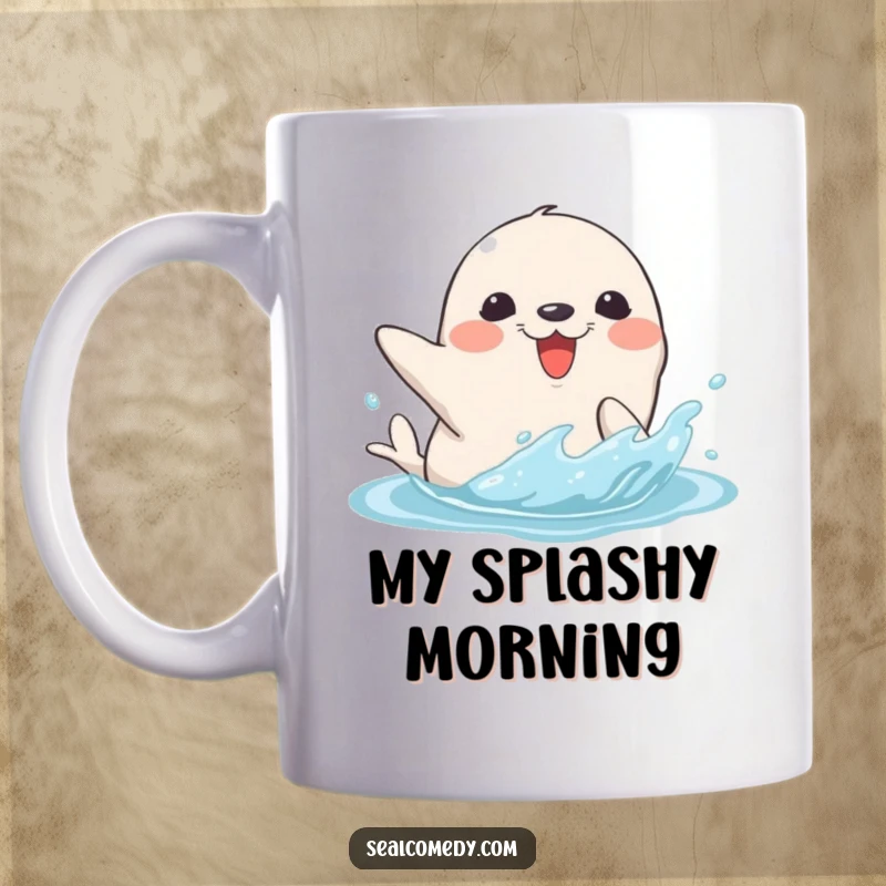 Funny mug featuring a happy seal character joyfully splashing water with its flipper, spreading cheer and playful energy.