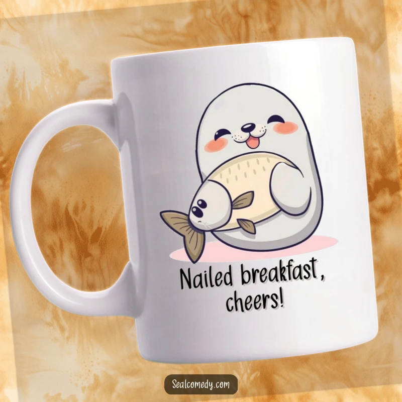 Funny seal mug showing a proud seal catching a fish, representing success and a great humorous gift.