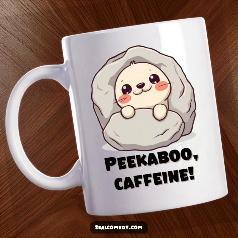 Funny mischievous seal mug, showing a seal peeking slyly from behind a large rock, inviting a game of hide-and-seek.