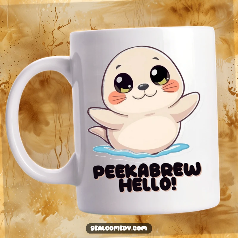 Funny mug featuring a seal with large, innocent, curious eyes, gently waving a flipper in a friendly and endearing manner.