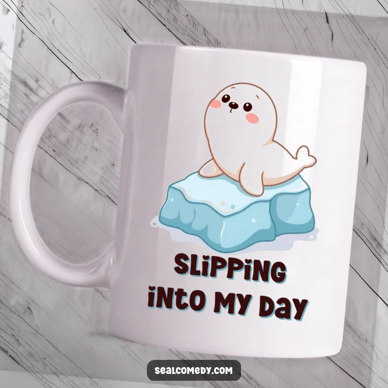 Funny mug featuring a playful seal character hilariously sliding down a small icy slope, capturing pure, unadulterated fun.