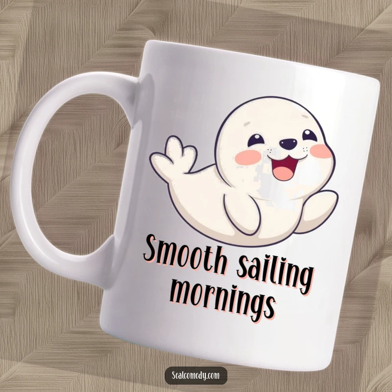 Funny seal pup gleefully sliding on its belly with a wide, delighted smile, captured on a cheerful coffee mug.