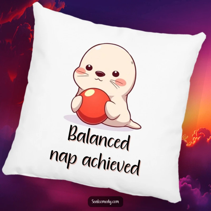 Funny seal pillow, cute character balancing red ball on nose, playful cozy home decor, humorous illustration, perfect funny gift for relaxation.