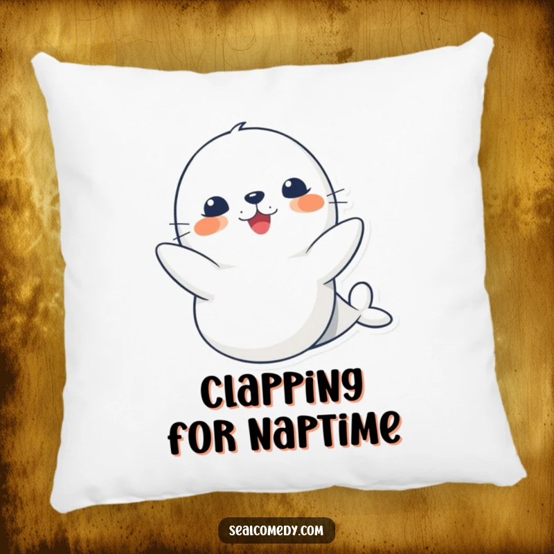 Funny cute seal pillow, soft and cute, showing a happy clapping seal, perfect for cozy, cheerful appeal.