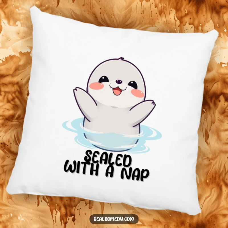 Funny seal pillow featuring a happy creature joyfully clapping its flippers in the water, offering comfort and cheer.