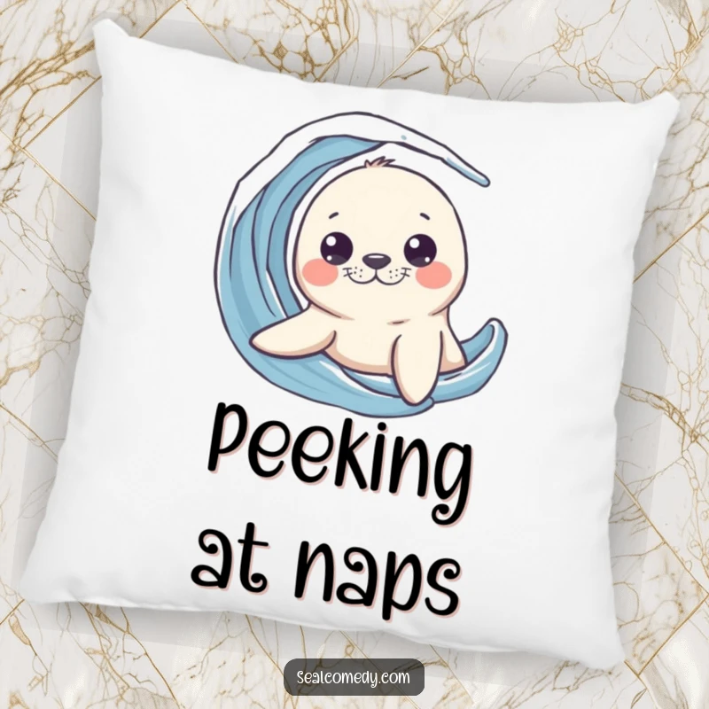 Funny seal pillow featuring a curious creature peeking its head out from a wave, offering comfort and a sense of wonder.