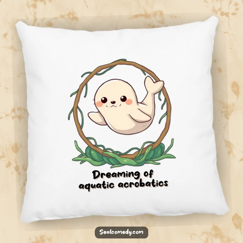 Funny Seal Pillow: A determined seal leaping through a seaweed hoop. Soft, humorous, and motivational decor, perfect funny gift.