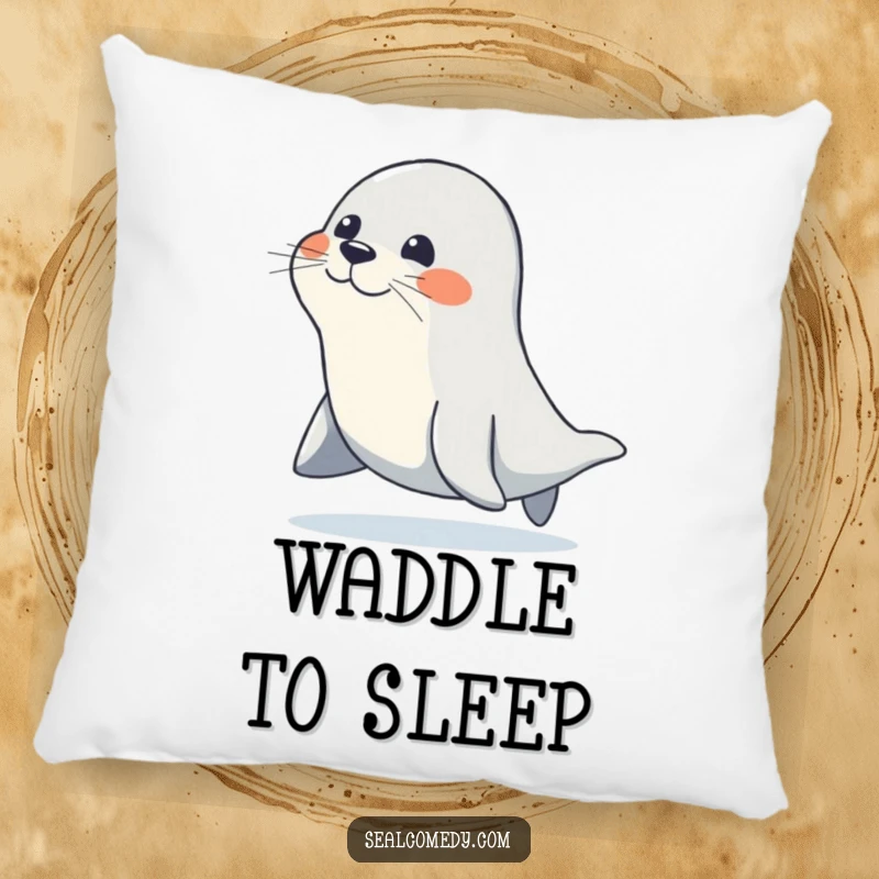 Funny pillow featuring a seal character waddling with a determined, happy gait, offering soft comfort and cheerful motivation.