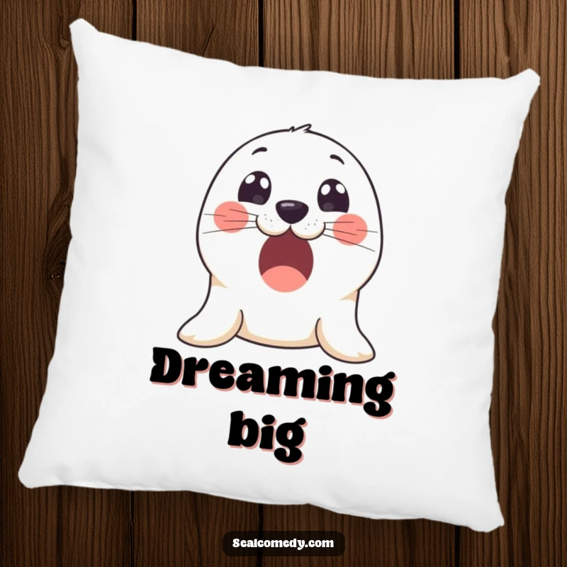 Funny pillow showcasing an excited seal with large, innocent eyes, offering comfort and a touch of pure wonder.