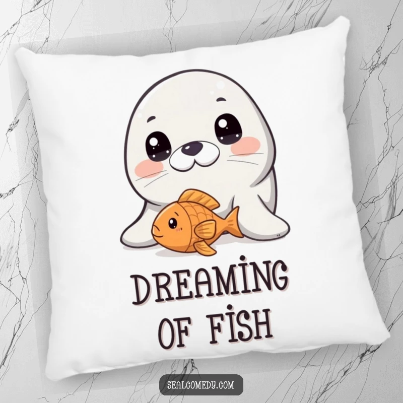 Funny seal with wide, innocent eyes gazing at a fish toy, a soft and humorous decorative pillow.