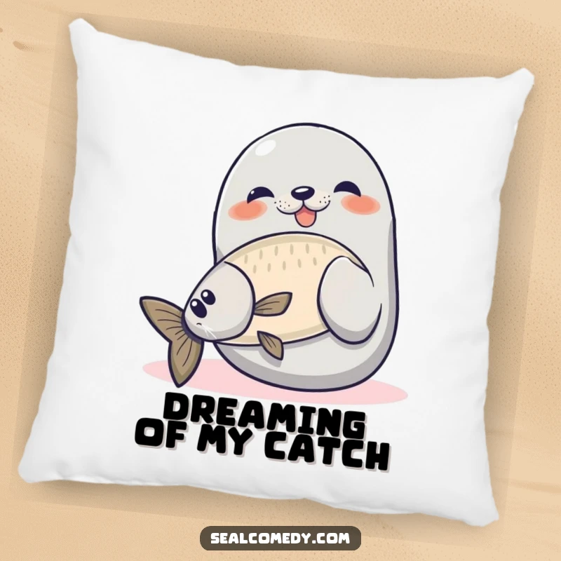 Funny seal pillow showing a proud seal catching a fish, offering comfort and a humorous fishing theme.