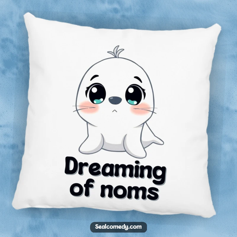 Funny pillow featuring a seal character with comically large, excited eyes gazing upwards, offering snuggly comfort and cheer.