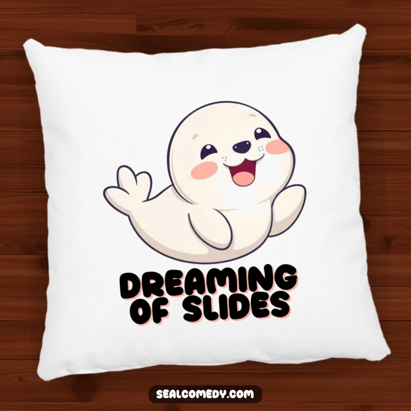 Funny seal pup captured in a belly slide with a delighted smile, making this soft pillow a humorous and comforting accent.