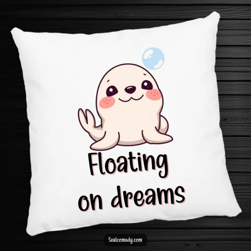 Funny Seal Pillow: A seal with a silly smile honking its nose at a bubble. Soft, humorous, and charming decor, perfect funny gift.
