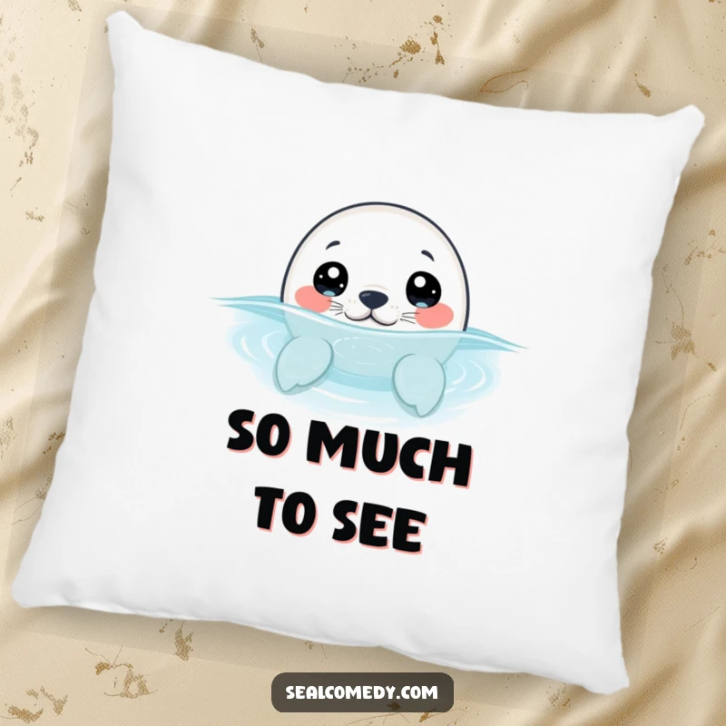 Funny seal pup with wide, curious eyes, peeking its head out of the water, making this soft pillow a humorous and comforting accent.