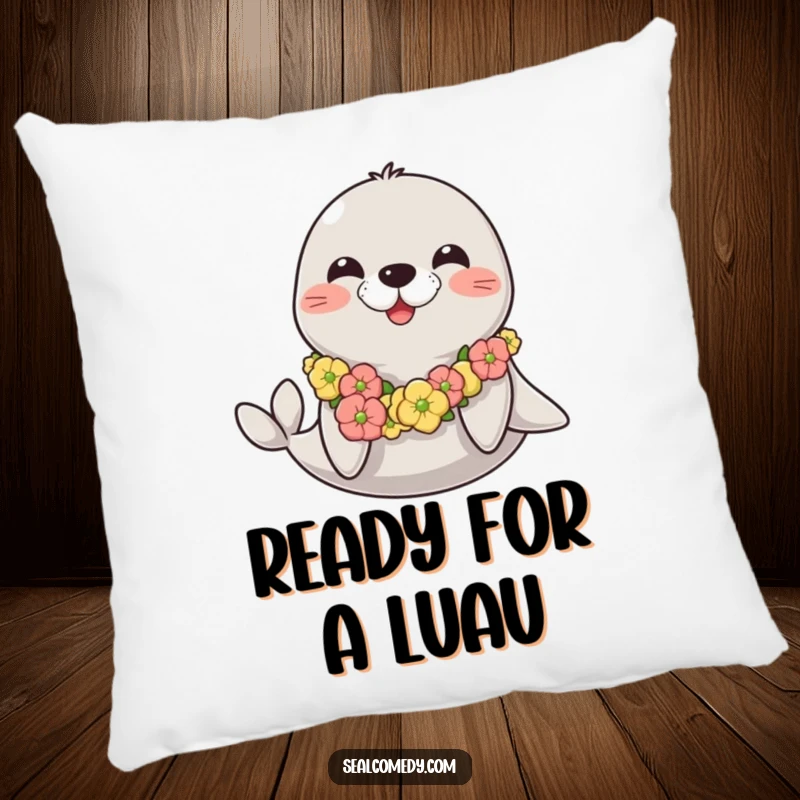 Funny happy seal pillow with a seaweed lei, offering cozy comfort and a symbol of pure, cheerful seal happiness.