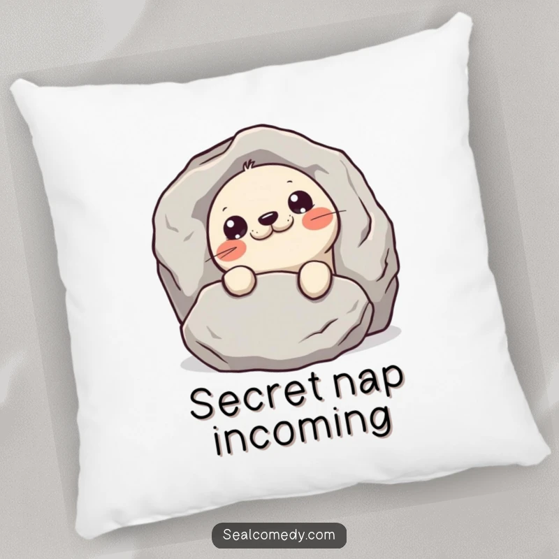 Funny mischievous seal pillow, illustrating a seal peeking from behind a rock, offering comfort with a playful, secretive charm.
