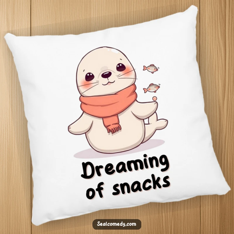 Funny Seal Pillow: A seal in a scarf juggles tiny fish, offering a humorous and delightful accent for relaxation. Great funny gift.