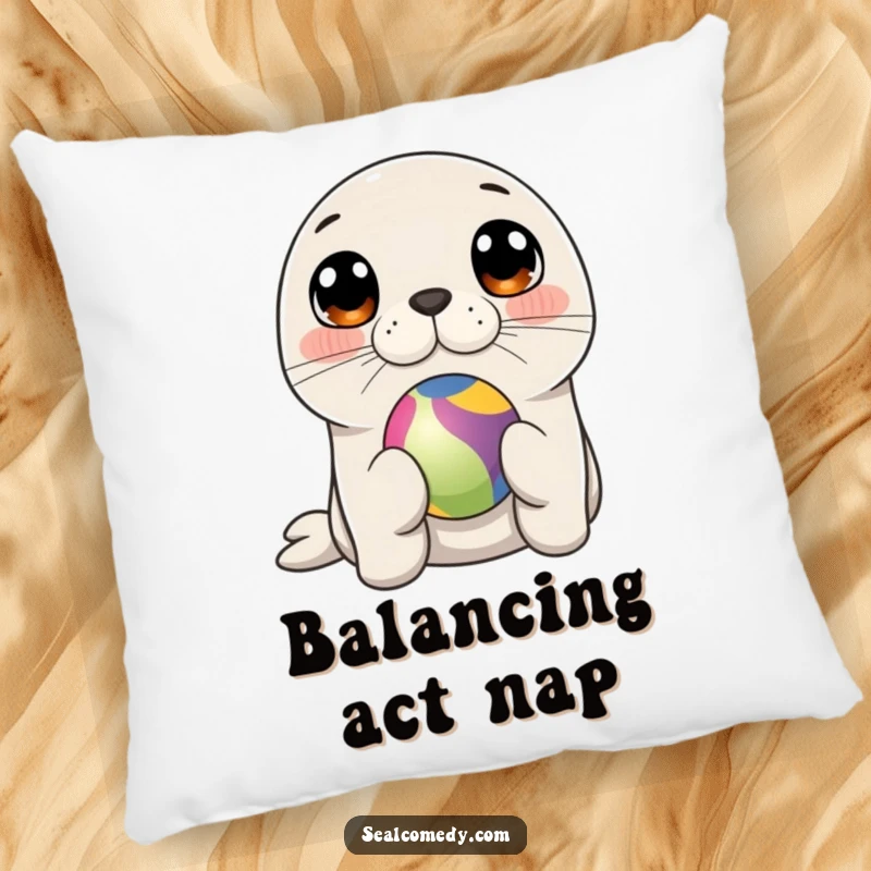 Funny seal balancing a vibrant ball on its nose, a soft and humorous decorative pillow for ultimate comfort.