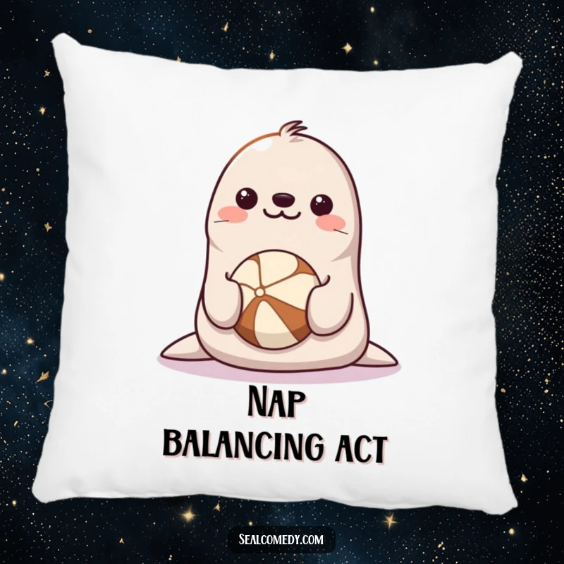Funny Seal Pillow: A happy seal with a smiling face balancing a ball on its nose, adding comfort and charm.
