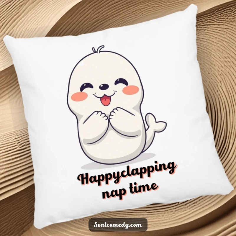 Funny pillow featuring a seal character clapping its flippers with pure joy, offering comfort and a dose of happiness to any seating area.