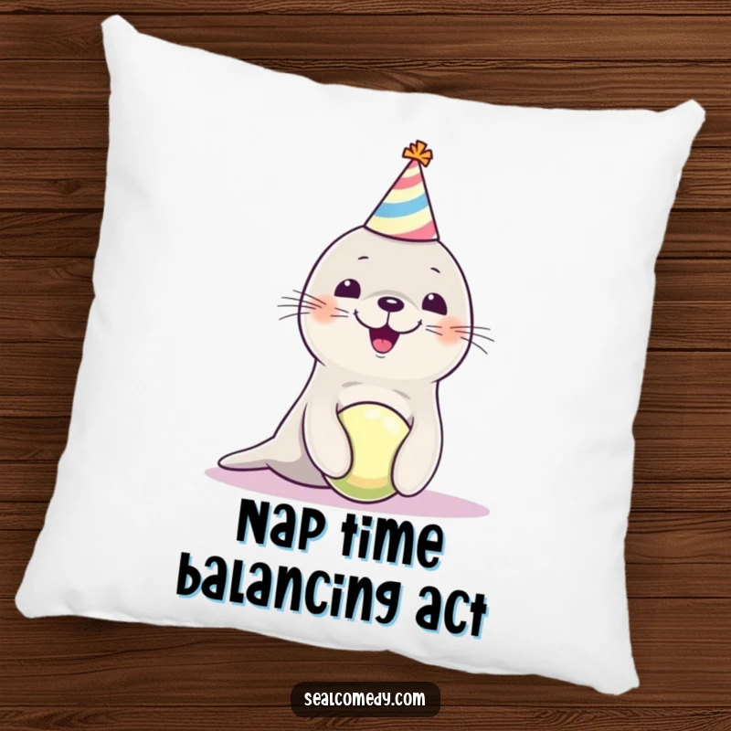 Funny seal pup in a party hat, balancing a ball on its nose, making this soft pillow a delightful and humorous accent.