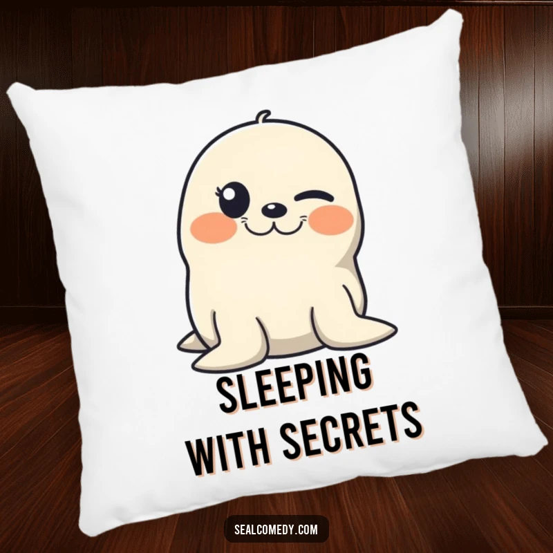 Funny pillow featuring a seal winking with a mischievous grin, offering comfort and a touch of playful humor.