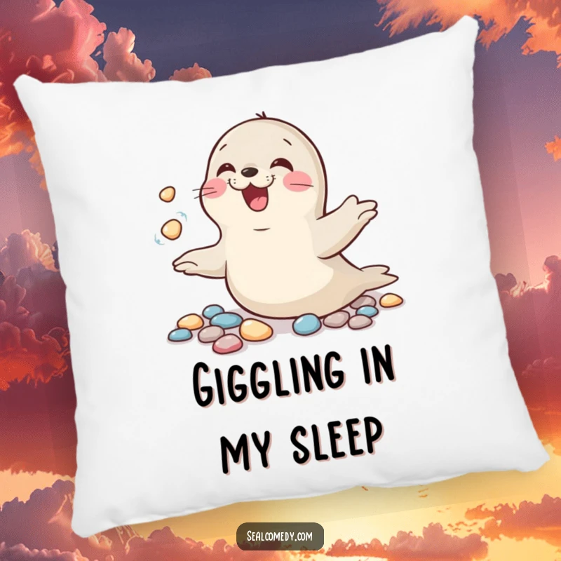 Funny pillow featuring a seal caught in a state of happy giggles, juggling shiny pebbles with glee.