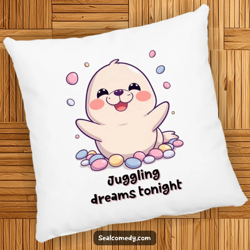 Funny seal pillow with a wide-grinned seal masterfully juggling shiny pebbles, soft and humorous for ultimate comfort and laughs.