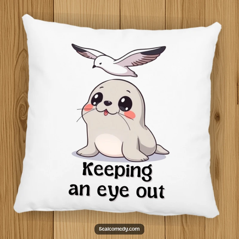 Funny Seal Pillow: An alert seal with big eyes stares intently at a seagull overhead, a humorous and comfy accent.