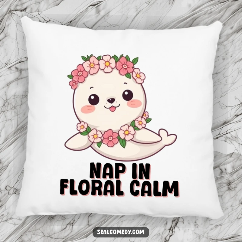 Funny Pillow: A seal in a flower garland swims gracefully, offering soft, humorous comfort and decor.