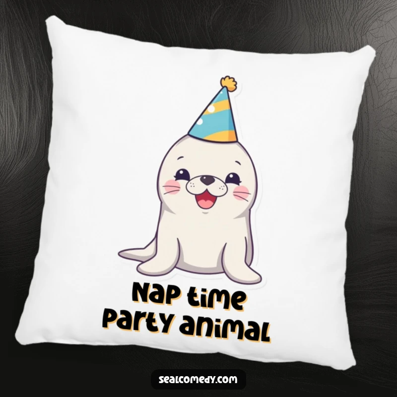 Funny pillow featuring a seal in a party hat honking joyfully, offering comfort and a dash of festive humor.