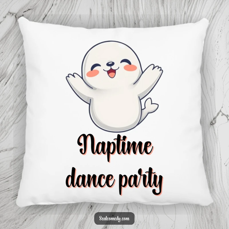 Funny Pillow featuring a seal happily dancing with flippers raised, offering comfort and joy.