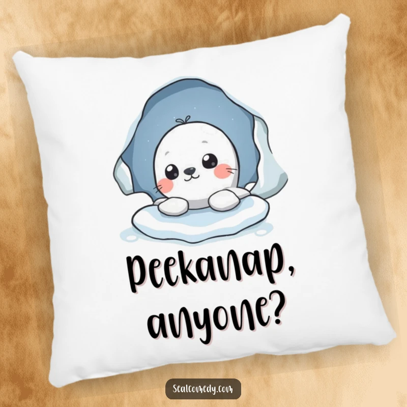 Funny pillow featuring a seal character peeking out from an ice hole, offering comfort and a touch of playful curiosity.