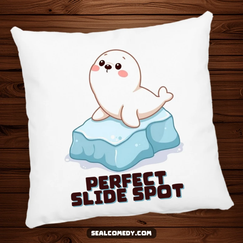 Funny pillow featuring a delightful seal character enjoying a hilarious slide down a small icy slope, perfect for cozy humor.