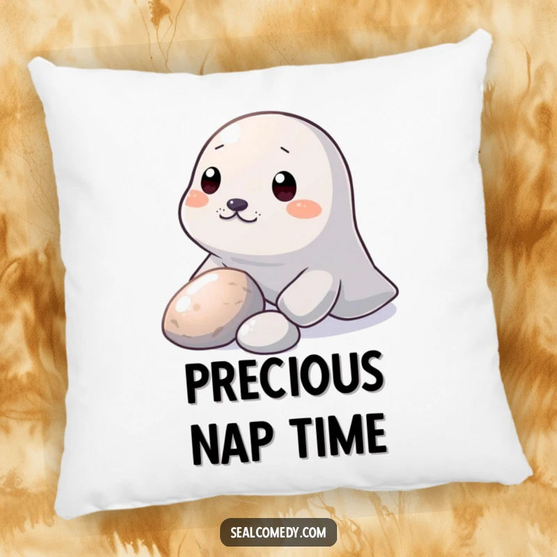 Funny Pillow: A seal nudges a shiny pebble with its snout, offering humorous comfort and a sense of wonder.