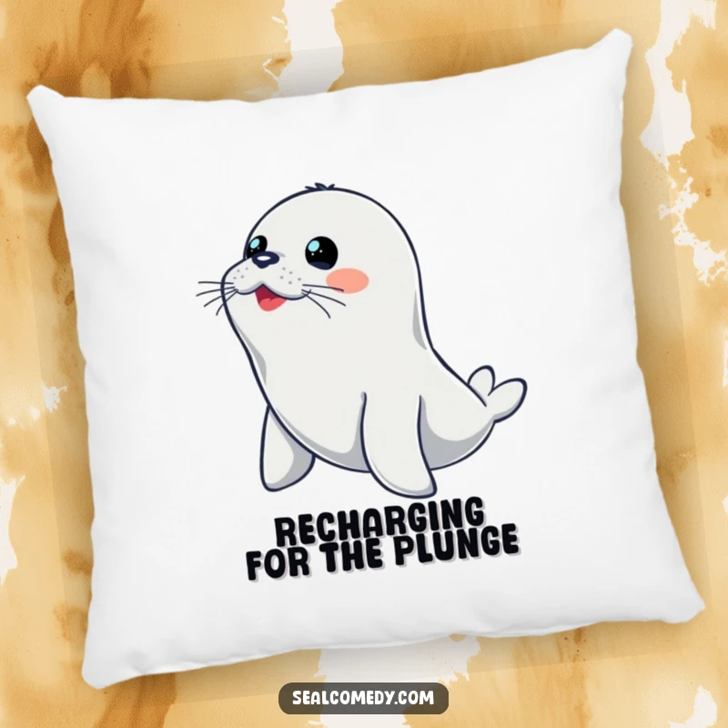 Funny seal pillow showing an alert seal in a diving stance, ready for aquatic adventures on your couch.
