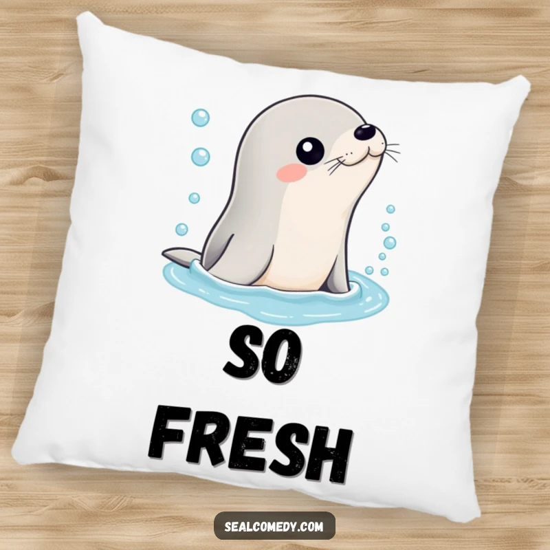 Funny pillow featuring a sleek seal character emerging from bubbly water, offering soft comfort and a refreshing, humorous vibe.