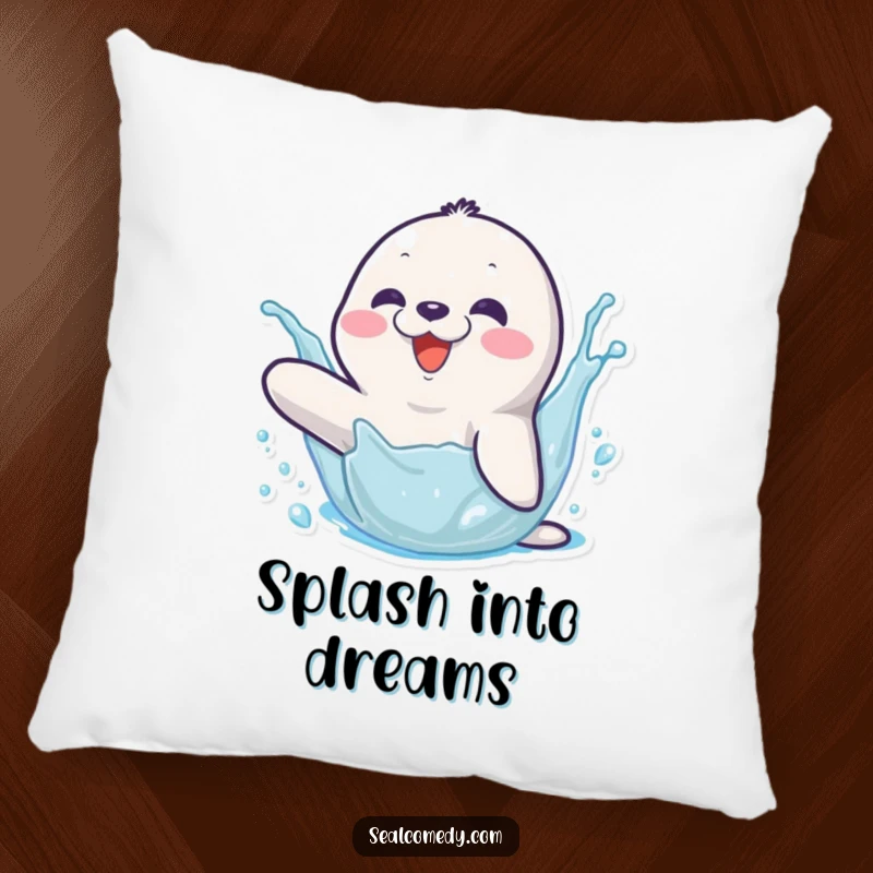 Funny pillow featuring a happy seal character splashing water with its flipper, perfect for adding cozy, aquatic humor.