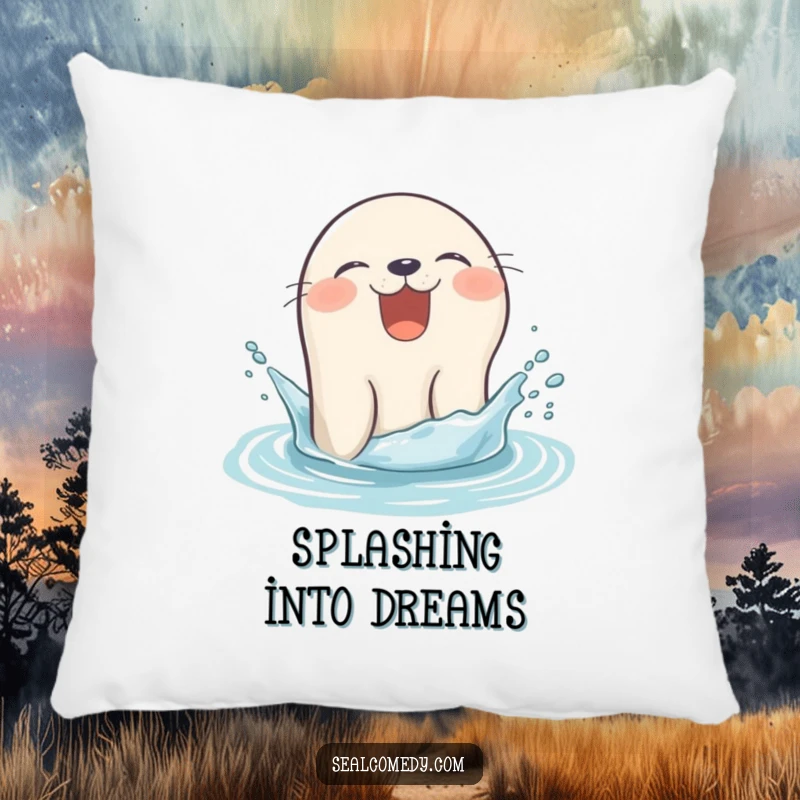 Funny seal pillow giggling as it pops its head out of the water with a splash, a joyful marine mammal.