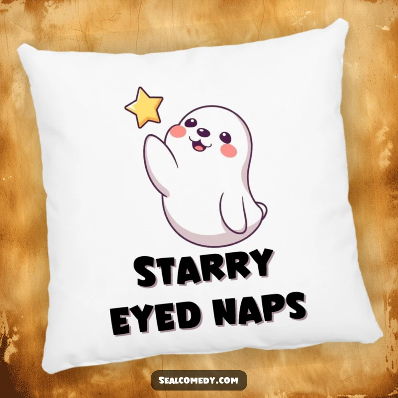 Funny Seal Pillow: A playful seal reaches a flipper towards a floating star, bringing a touch of whimsical comfort and humor.