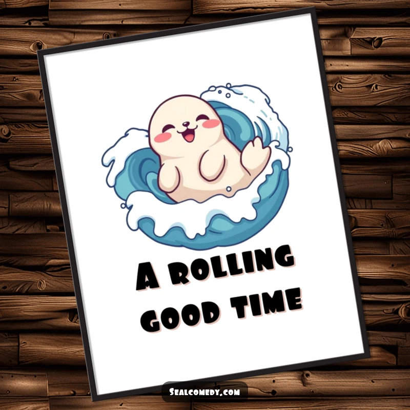 Funny seal digital art print doing a playful roll in stylized waves, a delighted marine mammal enjoying the ocean.