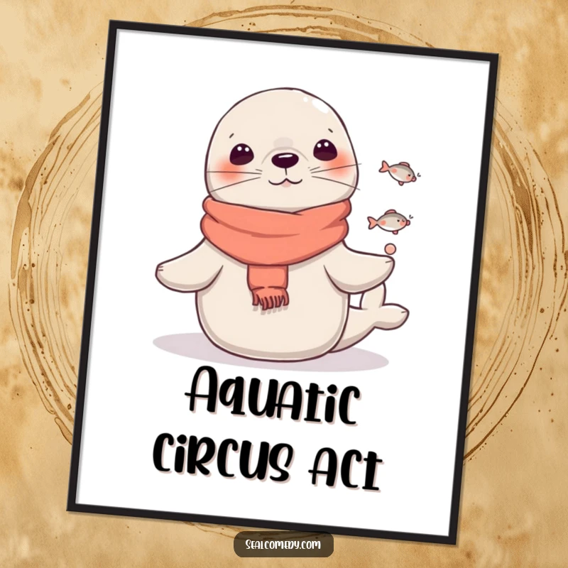 Funny Seal Digital Art Print: A seal in a scarf juggles fish, creating a humorous and whimsical artwork for instant circus-themed decor. Funny gift.