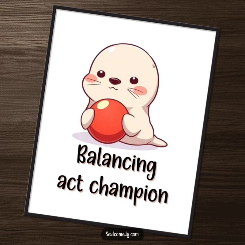 Funny seal digital art print, cute character balancing red ball on nose, playful humorous illustration, instant download, perfect funny gift for art collectors.