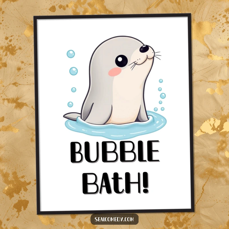 Funny digital art print of a sleek seal emerging from bubbly water, ready to infuse any space with instant humor and refreshing charm.